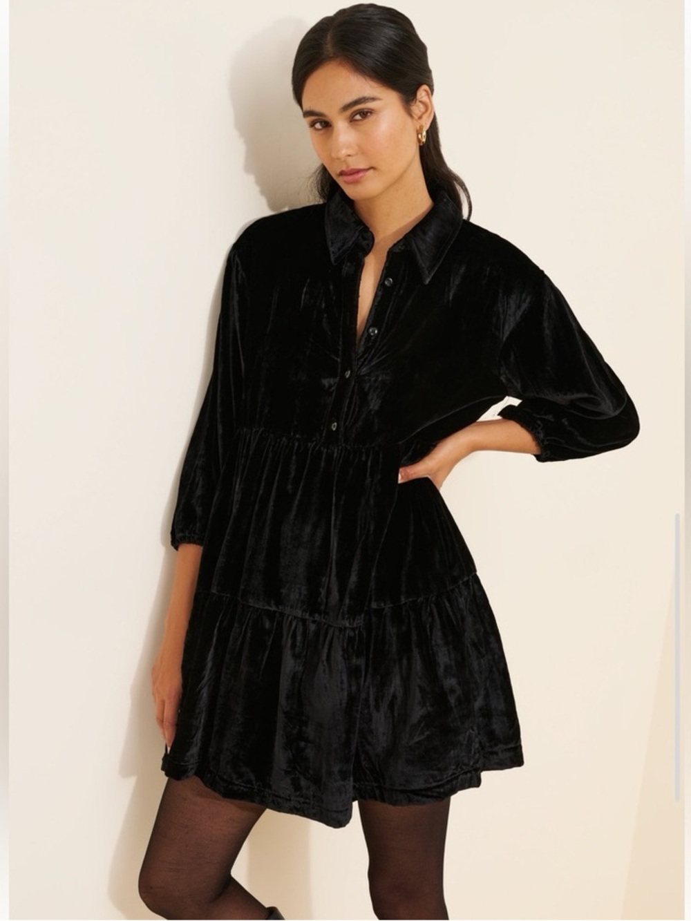 NWT Anthropologie The Bettina Velvet Tiered Mini Shirt Dress by Maeve
XSP Black - Picture 7 of 8